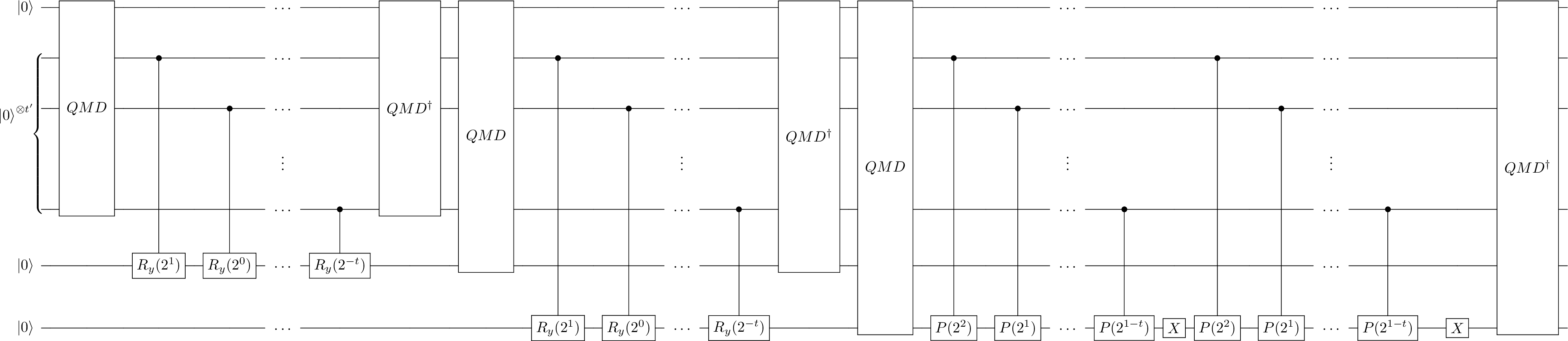 The circuit to perform state preparation of the vector reported in the worked example. An initial call to the $\mathsf{QMD}$ loads the angle on the address register, which is followed by a cascade of $\sigma_y$ rotations on the first qubit and an inverse call to the $\mathsf{QMD}$ to remove the angle from the address register. A similar process is done for the second step where the call to the $\mathsf{QMD}$ is made using the index register and the first qubit and will access the first layer of the pruned KP-tree. This will be followed by a similar cascade of $\sigma_y$ rotations on the second qubit of the main register and inverse call to the $\mathsf{QMD}$. The final step requires adding the phases. This will be done with a query to the $\mathsf{QMD}$ to access the final row of the pruned KP-tree, then a cascade of phase rotation $P$. Because the nature of the phase gate, a $\sigma_x$ gate followed by another cascade of phase rotations is required to load the remaining phases. Finally, a $\sigma_x$ gate and a inverse query to the $\mathsf{QMD}$ will produce the amplitude encoding.